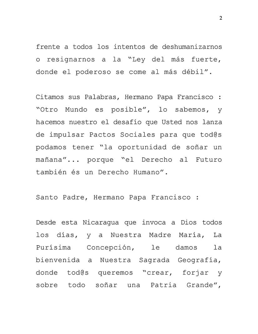 Nicaragua env&iacute;a mensaje de bienvenida al Papa Francisco a tierras mesoamericanas